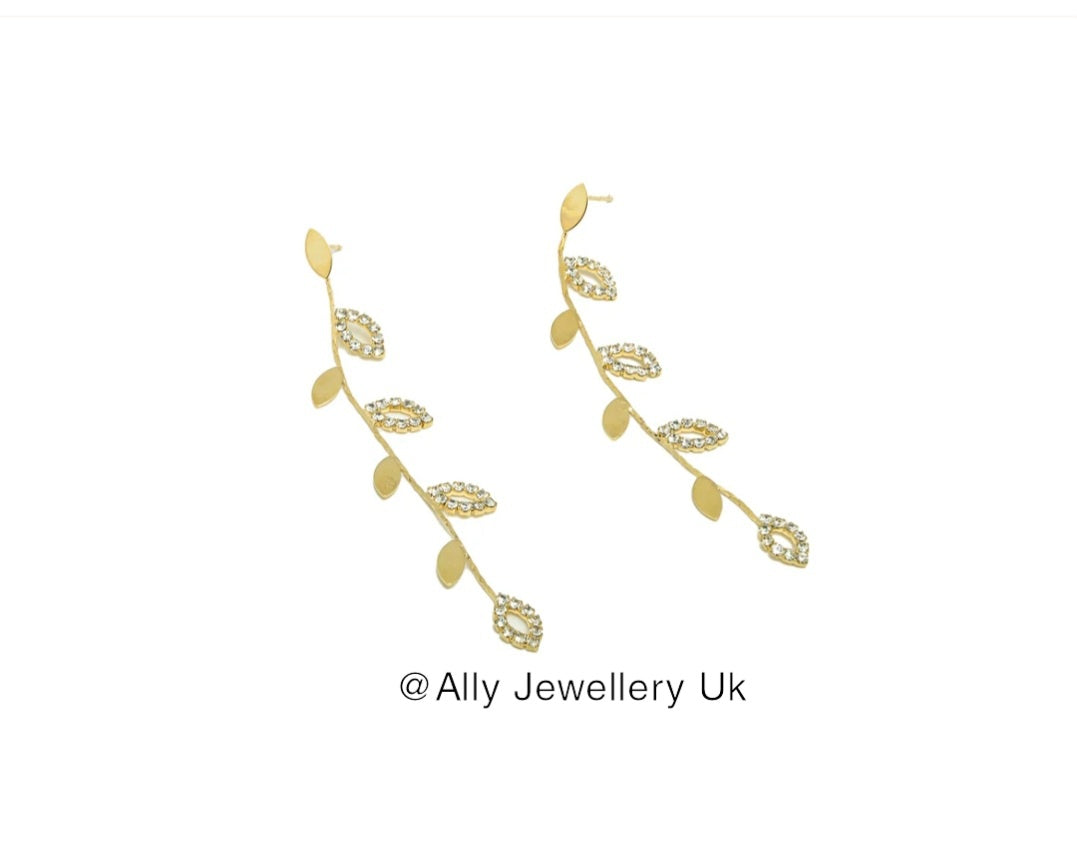 Leaves Earring- diamond and 18k real Gold plated