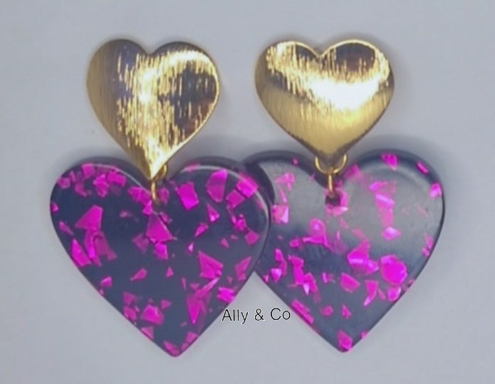 18k gold plated Textured heart- purple heart pearl Earring