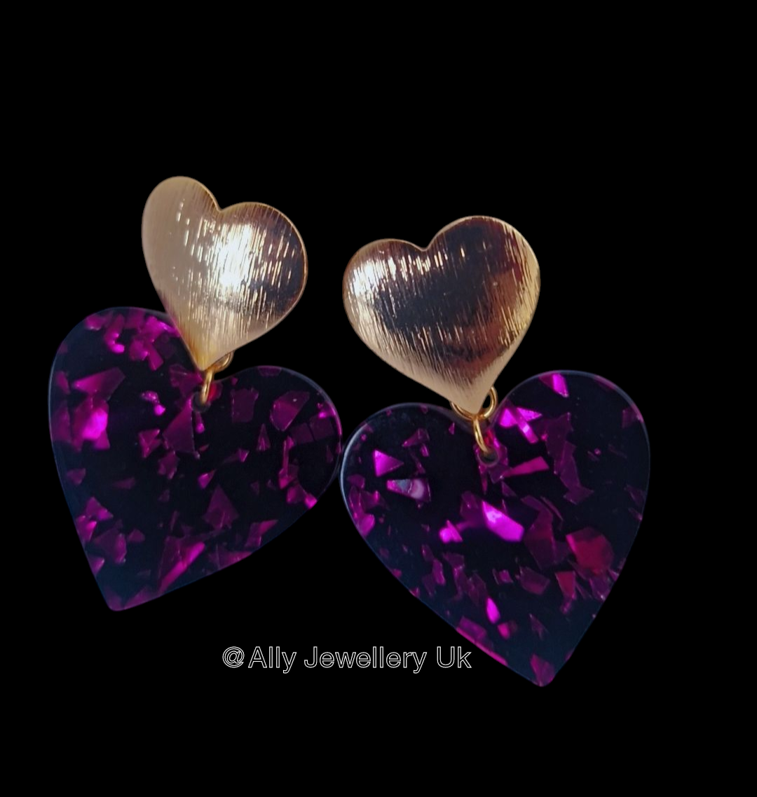 18k gold plated Textured heart- purple heart pearl Earring